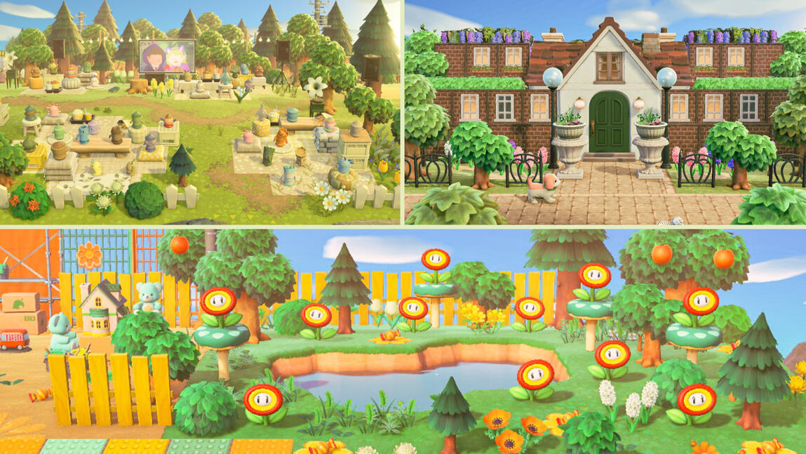 This collage shows three decorated Animal Crossing New Horizons areas from sparksby's islands: a gyroid cinema from her island 'Toof', Bridgerton house from her island 'Mayfair' and a Mario flower pond from her island 'Sorbet'.